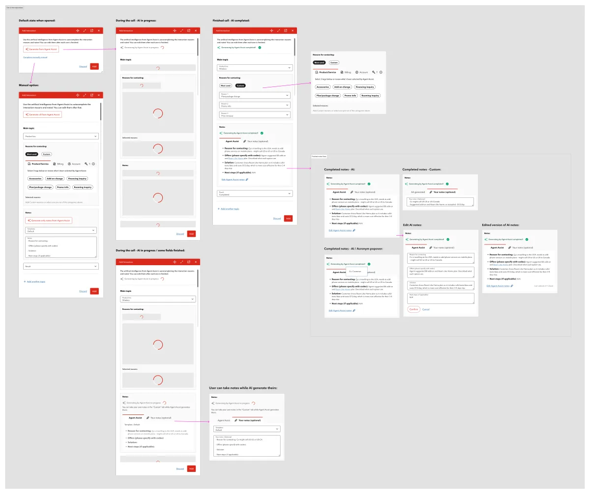 First AI exploration — AI generates notes after the call, agent still selects categories and product lines manually